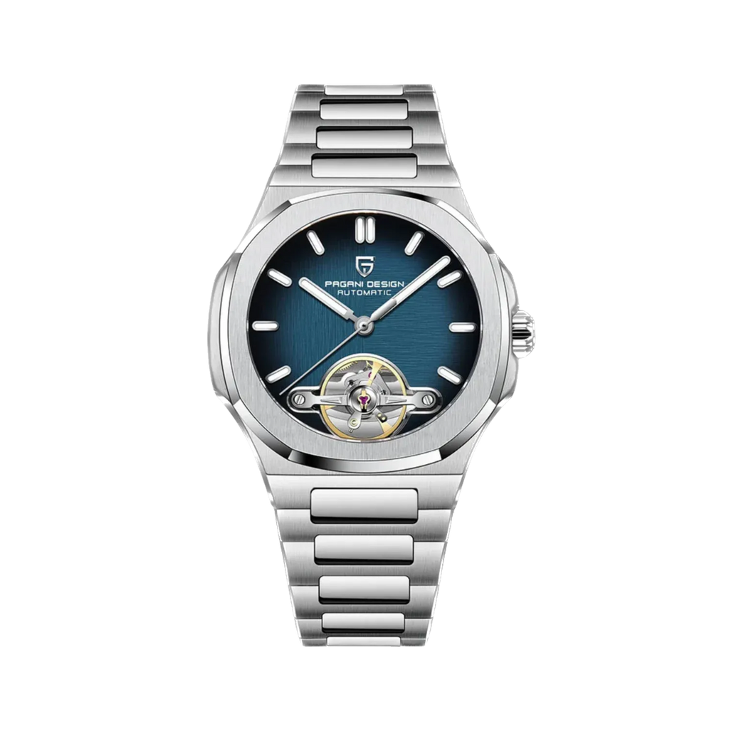 PAGANI DESIGN PD-YS025 skeleton tourbillon watch with blue dial, front view