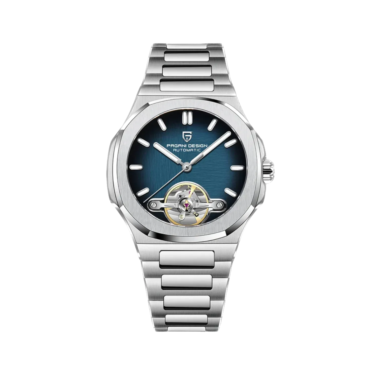PAGANI DESIGN PD-YS025 skeleton tourbillon watch with blue dial, front view