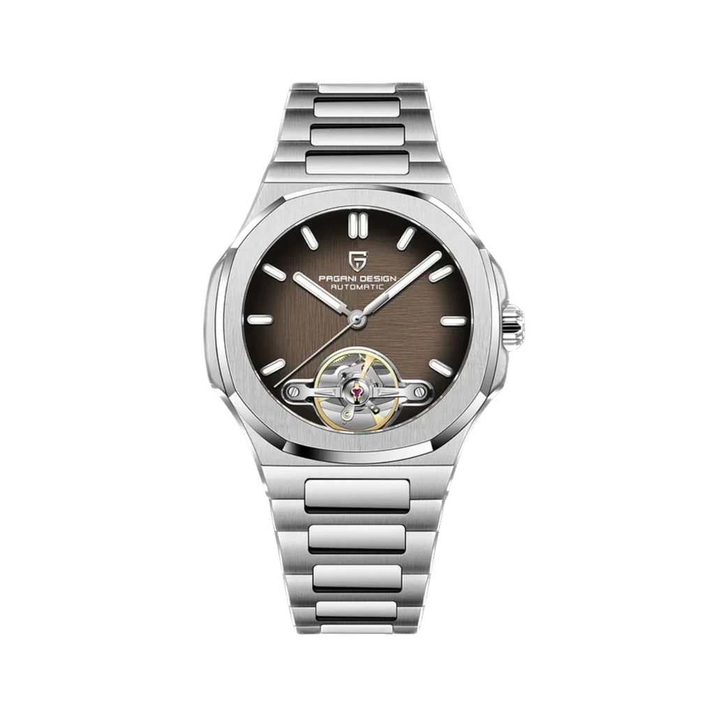 PAGANI DESIGN PD-YS025 skeleton tourbillon watch with brown dial, front view