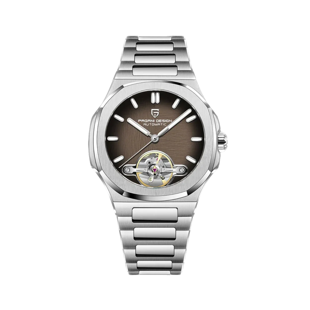 PAGANI DESIGN PD-YS025 skeleton tourbillon watch with brown dial, front view