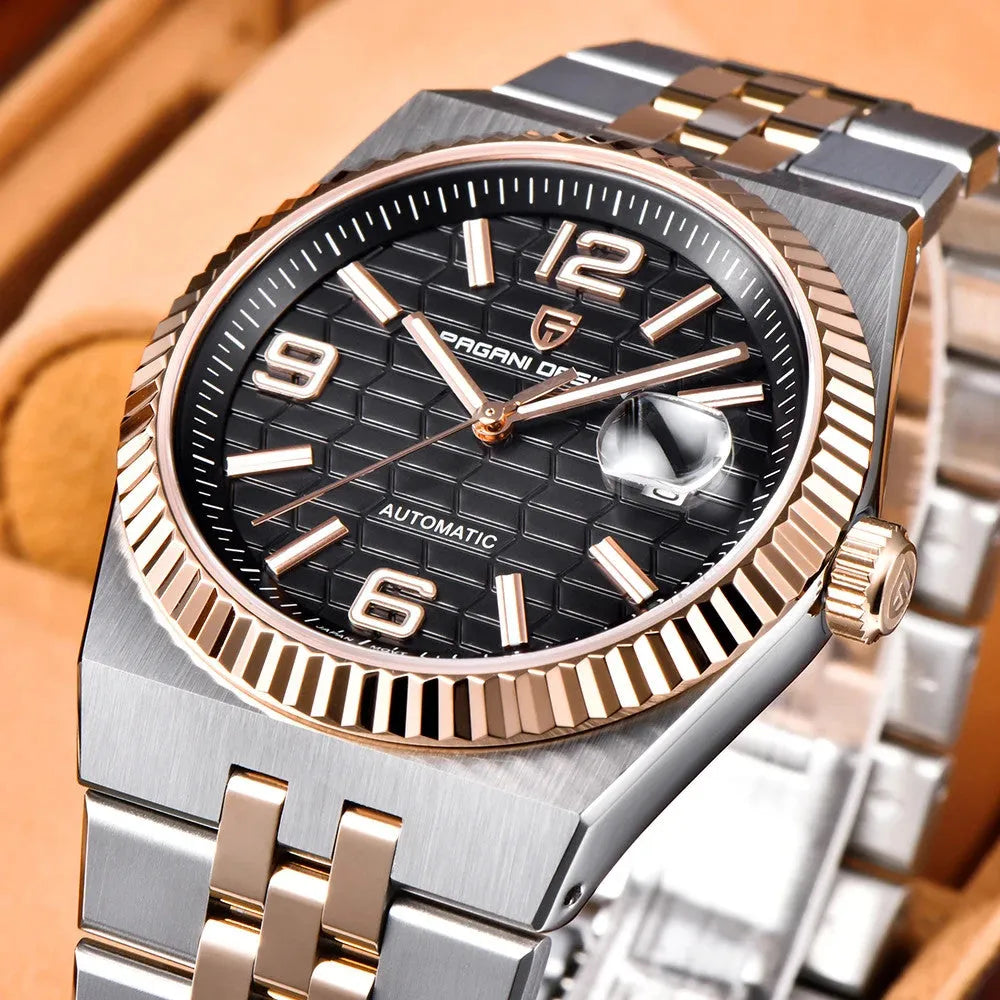 PAGANI DESIGN PD-YS027 automatic watch close-up with black honeycomb dial and fluted bezel