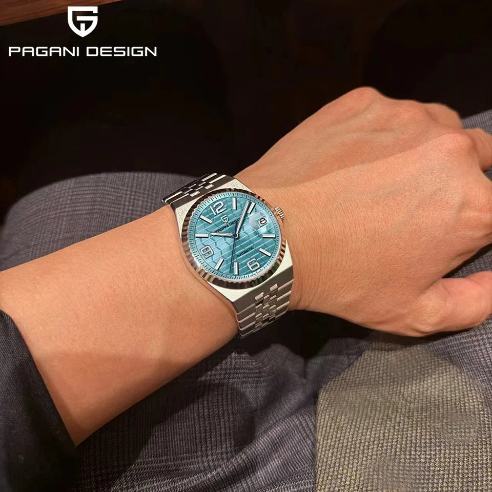 PAGANI DESIGN PD-YS027 automatic watch with black dial and two-tone rose gold bracelet in storage box