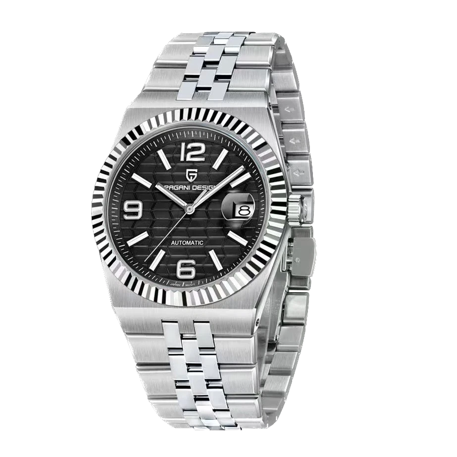 Pagani Design PD-YS027 hand-wind mechanical watch black textured dial luminous markers stainless steel bracelet front view