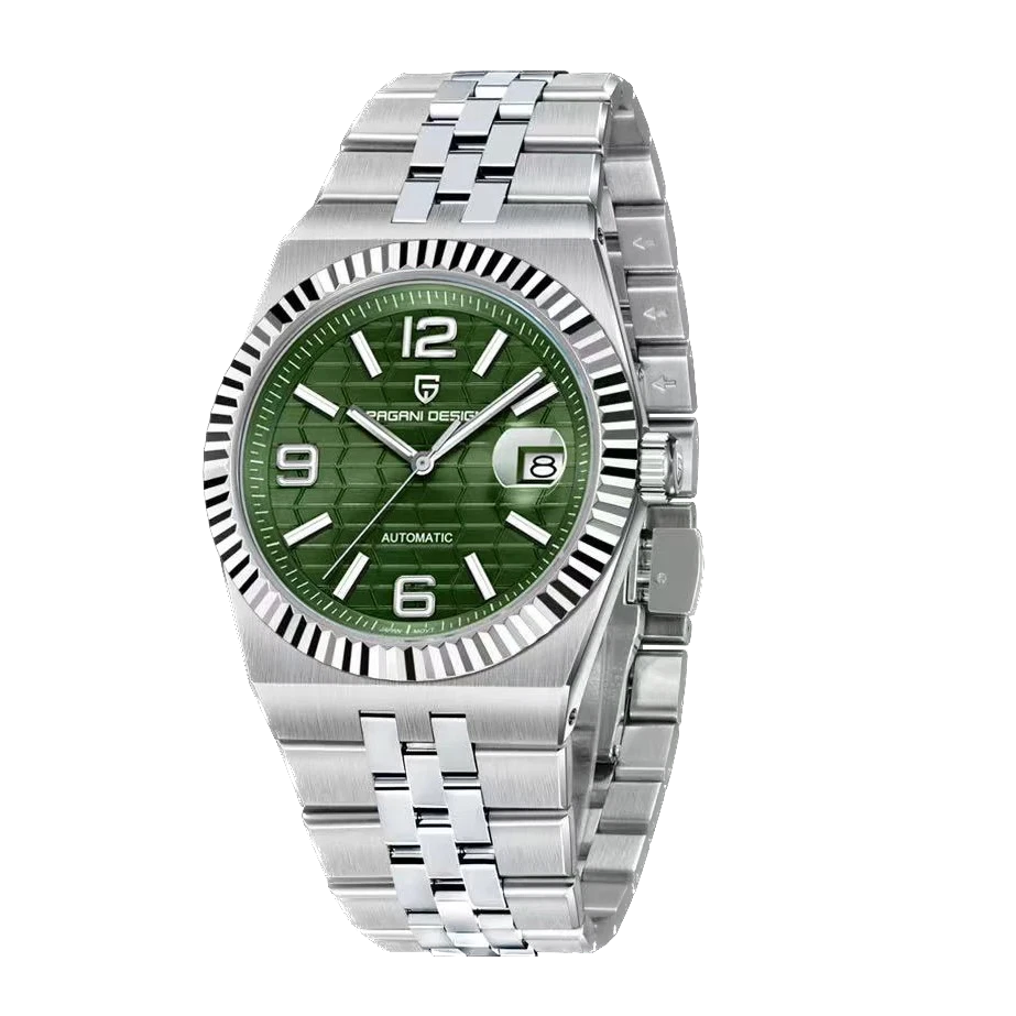 Pagani Design PD-YS027 hand-wind mechanical watch green textured dial luminous markers stainless steel bracelet front view