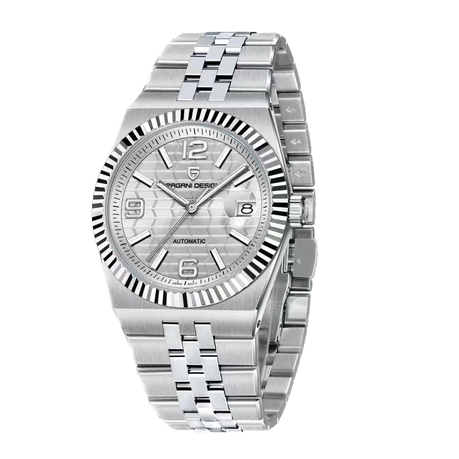 Pagani Design PD-YS027 hand-wind mechanical watch silver textured dial luminous markers stainless steel bracelet front view