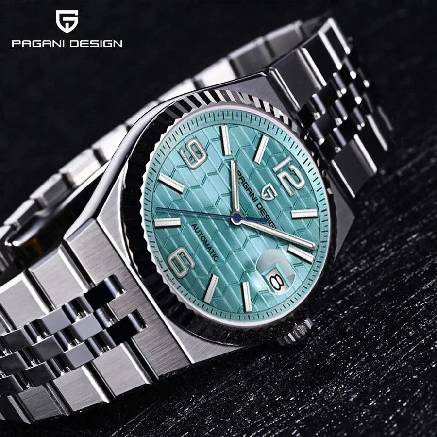 Close-up angled view of Pagani Design PD-YS027 hand-wind mechanical watch teal textured dial stainless steel bracelet