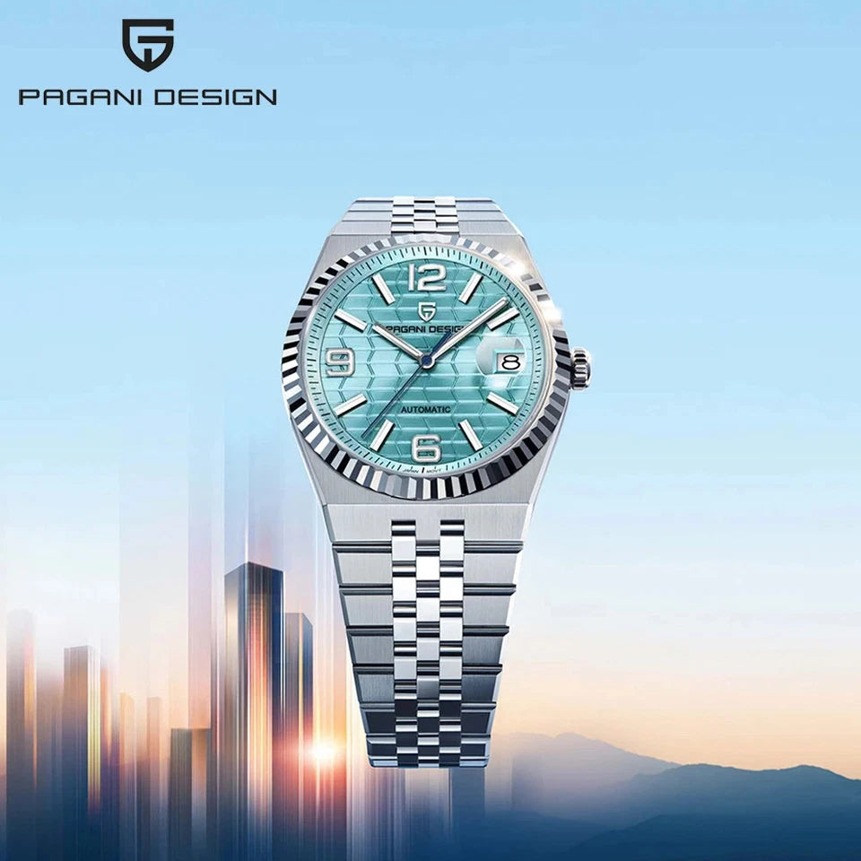 Pagani Design PD-YS027 hand-wind mechanical watch teal textured dial stainless steel bracelet city skyline promotional poster