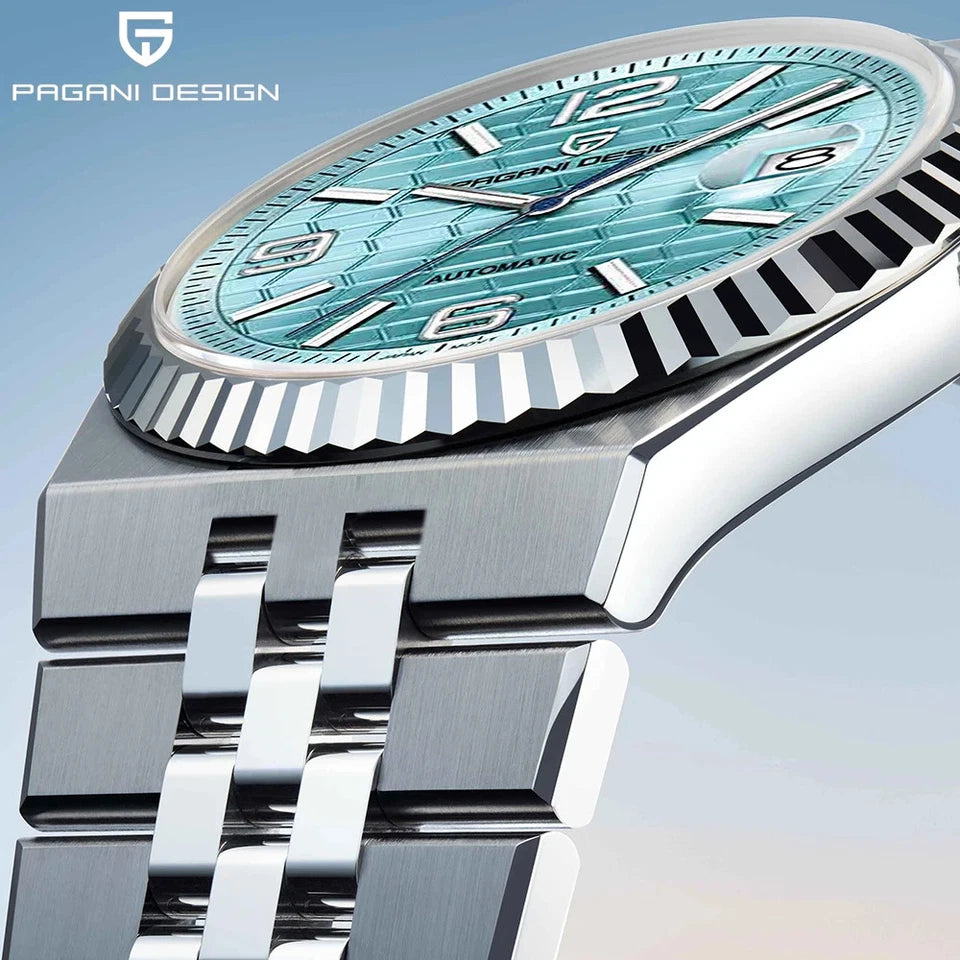 Close-up view of Pagani Design PD-YS027 hand-wind mechanical watch teal textured dial stainless steel bracelet