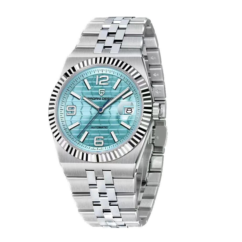 Pagani Design PD-YS027 hand-wind mechanical watch teal textured dial luminous markers stainless steel bracelet front view