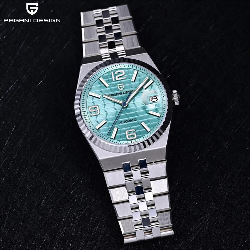 Three-quarter view of Pagani Design PD-YS027 hand-wind mechanical watch teal textured dial stainless steel bracelet