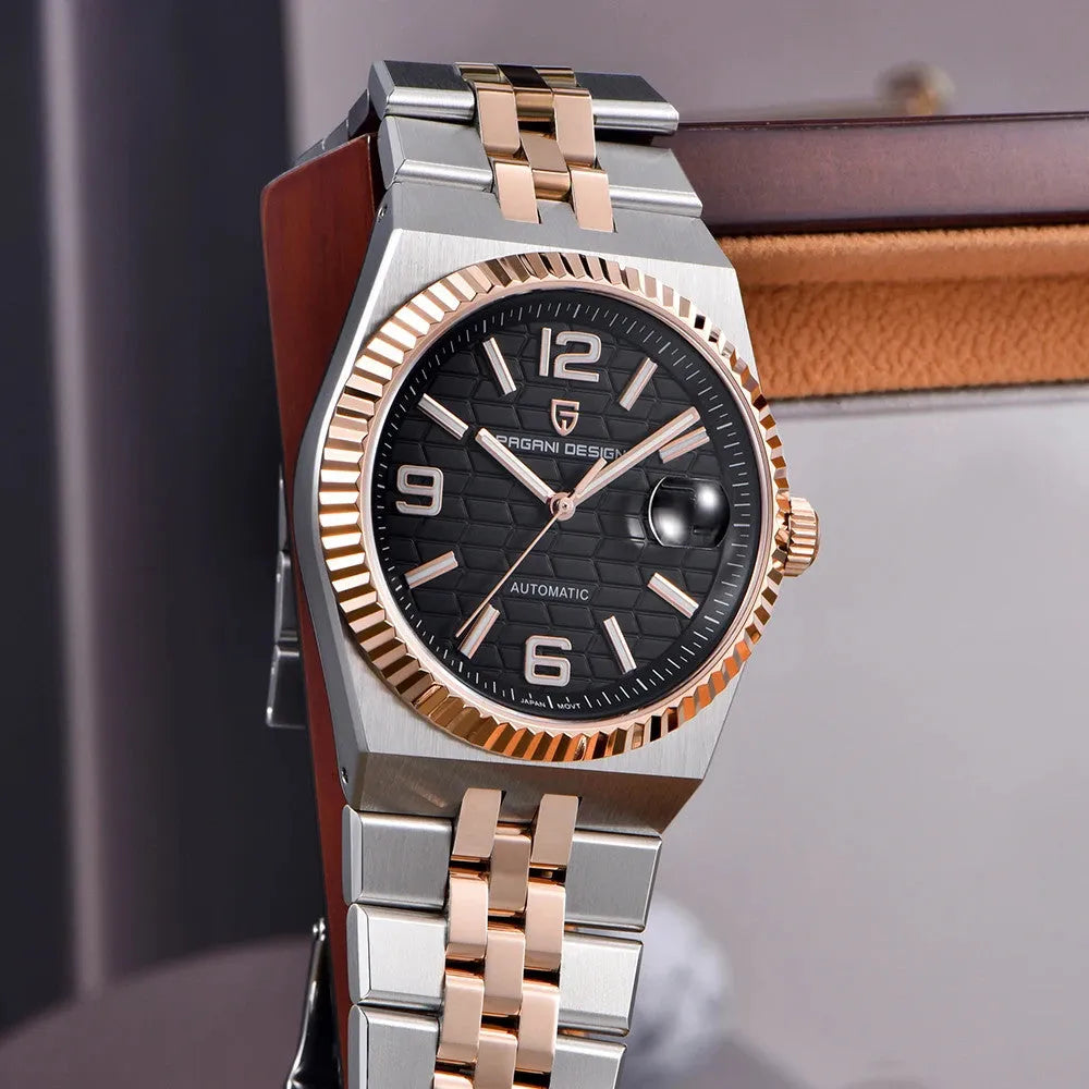 PAGANI DESIGN PD-YS027 automatic watch side view with black honeycomb dial and rose gold bezel
