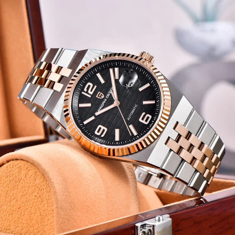 PAGANI DESIGN PD-YS027 honeycomb dial automatic watch with beige dial and steel bracelet, front view
