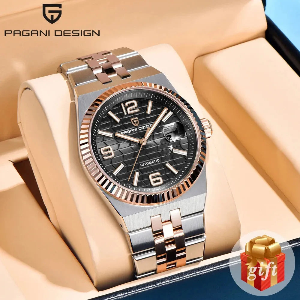 PAGANI DESIGN PD-YS027 automatic watch with black honeycomb dial in gift box, front view