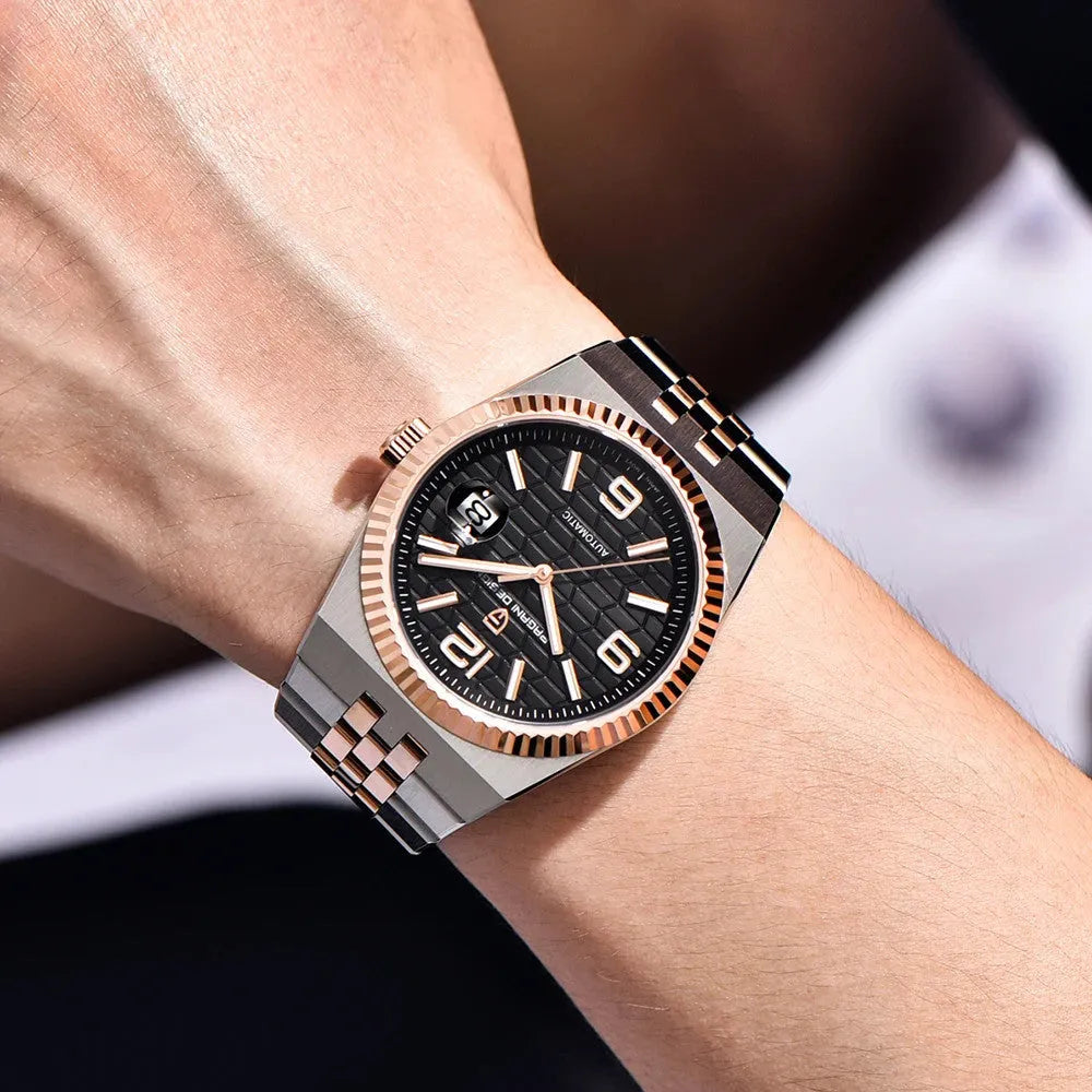 PAGANI DESIGN PD-YS027 honeycomb dial automatic watch with beige dial worn on wrist with grey suit
