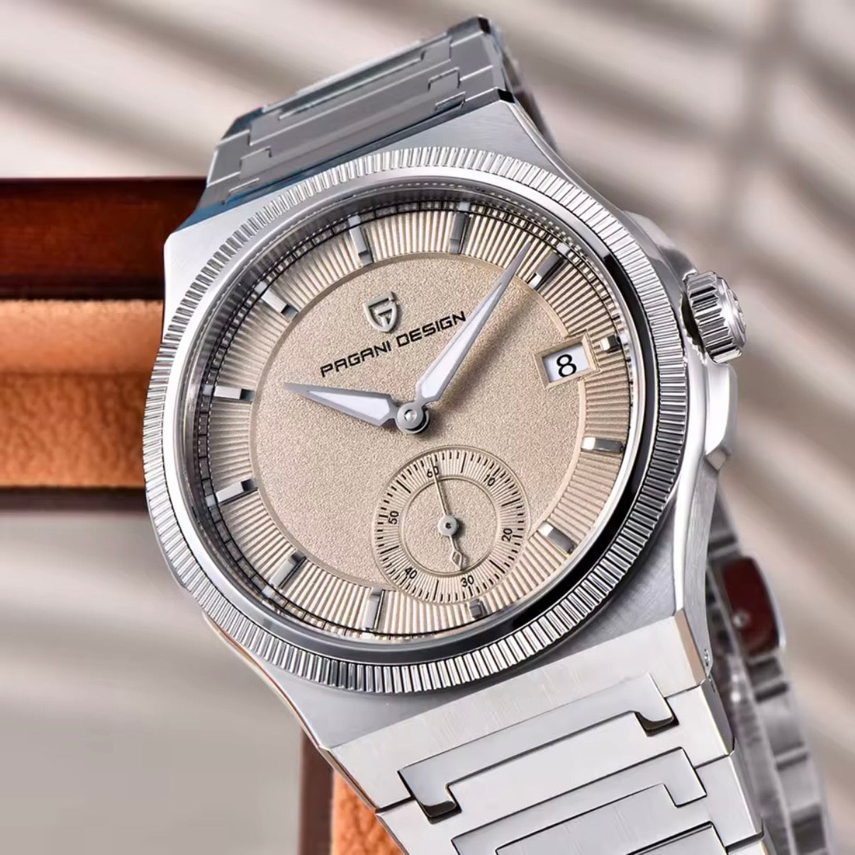 Pagani Design PD-YS029 42mm watch with cream dial, styled close-up detail