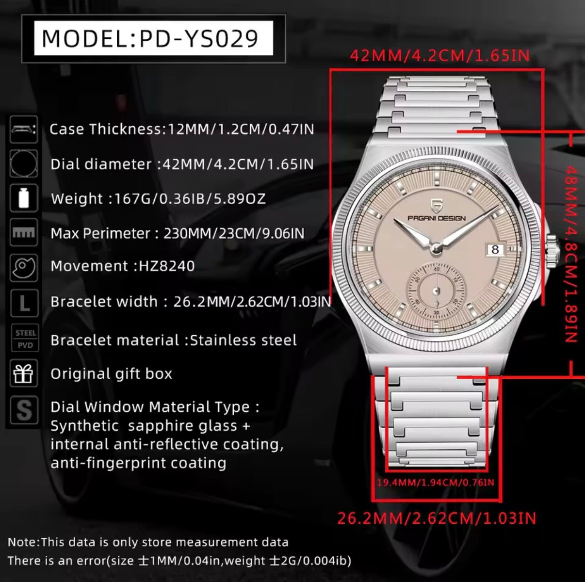 Pagani Design PD-YS029 42mm automatic watch specifications with cream dial and dimensions