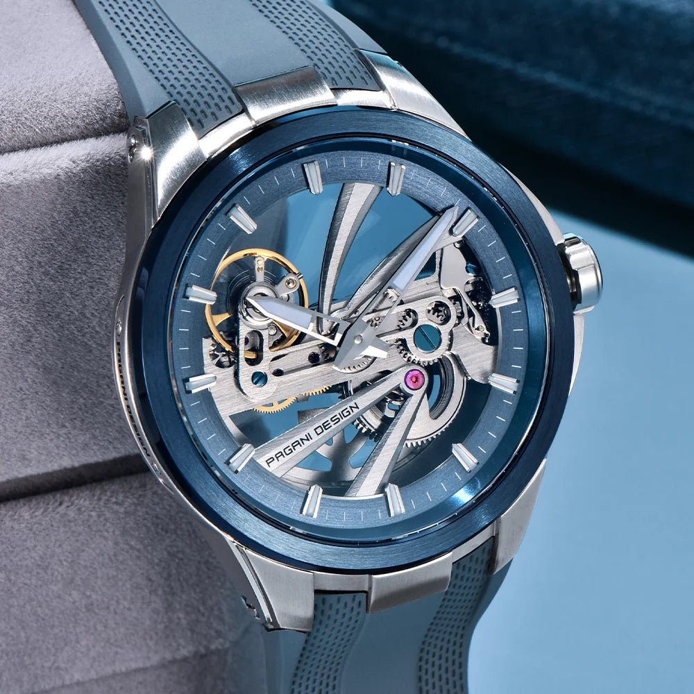 Pagani Design PD-YS030 skeleton automatic watch in silver blue, lifestyle close-up of skeleton dial