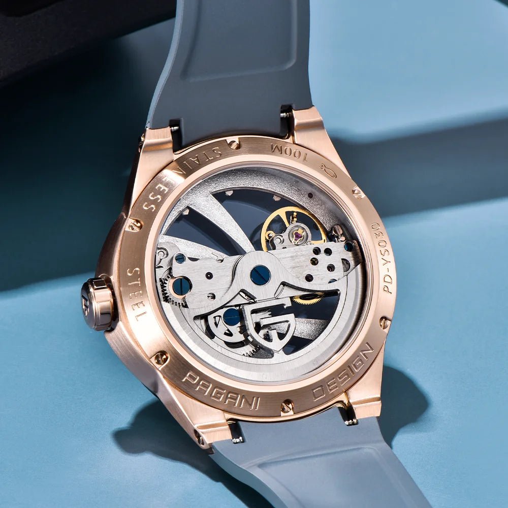 Pagani Design PD-YS030 skeleton automatic watch, exhibition caseback showing self-winding automatic movement