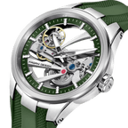 Pagani Design PD-YS030 skeleton automatic watch in silver green, three-quarter angle showing open-worked movement