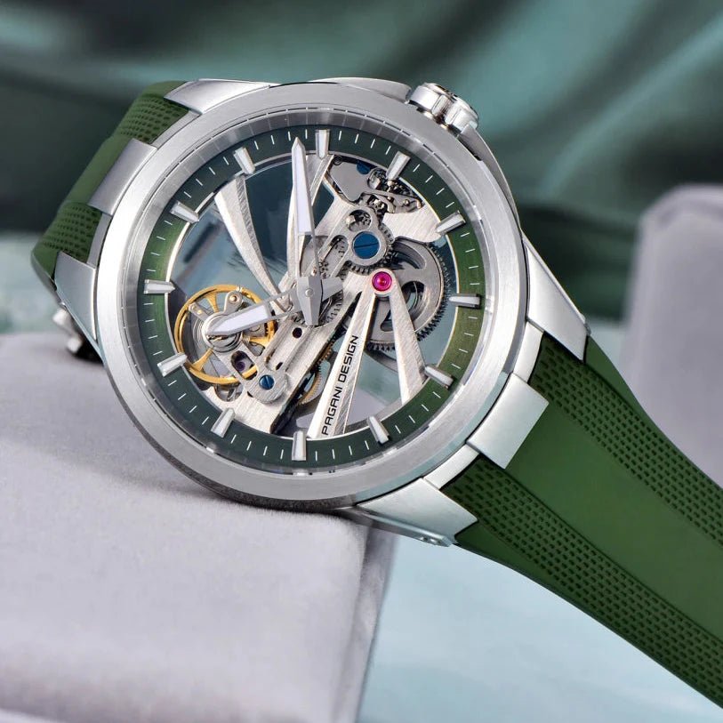 Pagani Design PD-YS030 skeleton automatic watch in silver green, lifestyle side profile