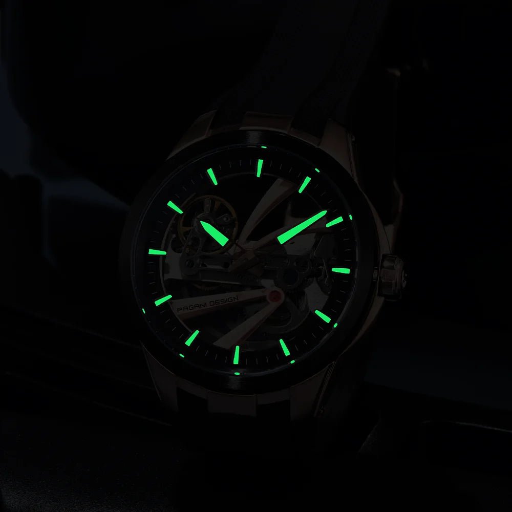 Pagani Design PD-YS030 skeleton automatic watch, luminous hands and markers glowing in the dark