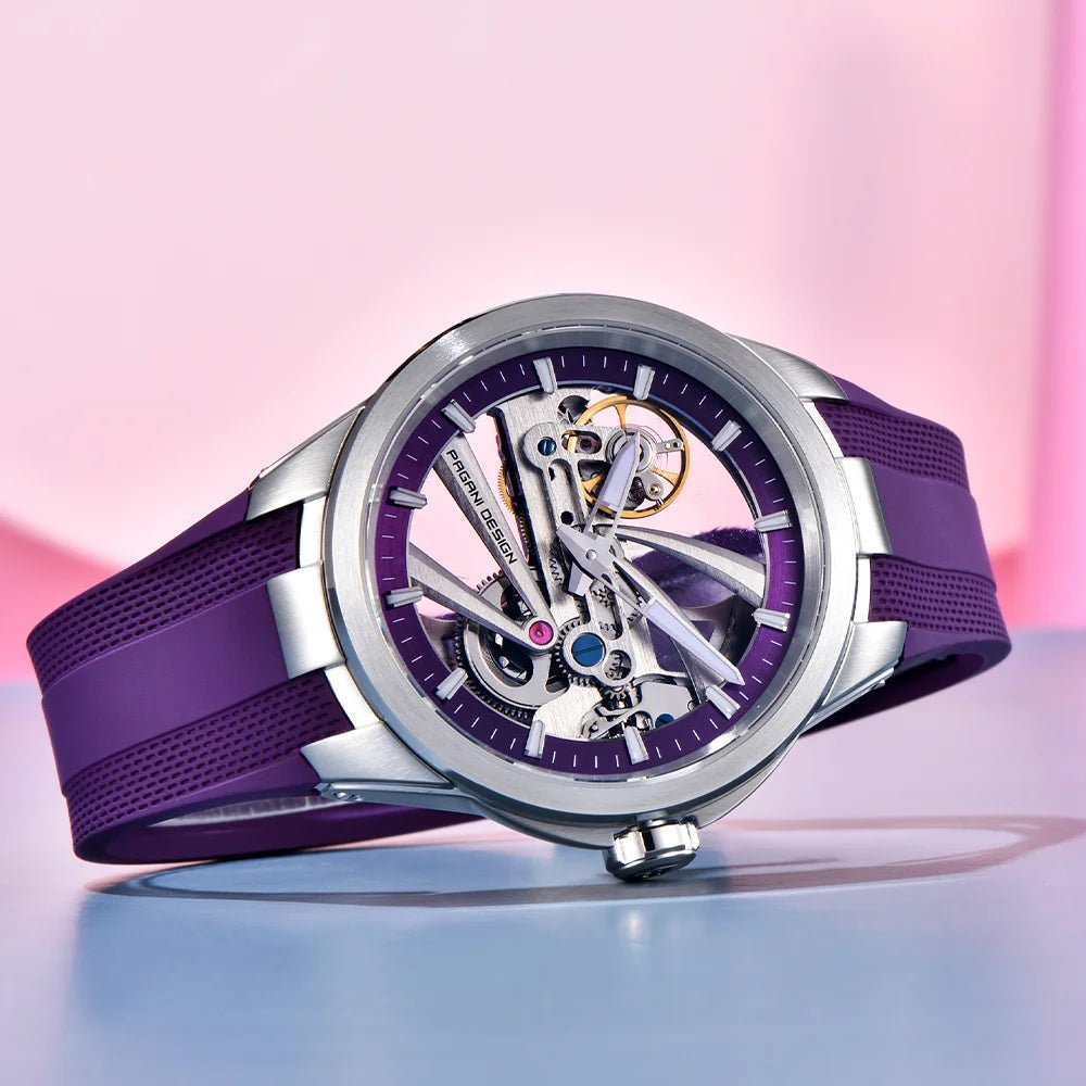 Pagani Design PD-YS030 skeleton automatic watch in silver purple, lifestyle studio shot