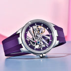 Pagani Design PD-YS030 skeleton automatic watch in silver purple, lifestyle studio shot