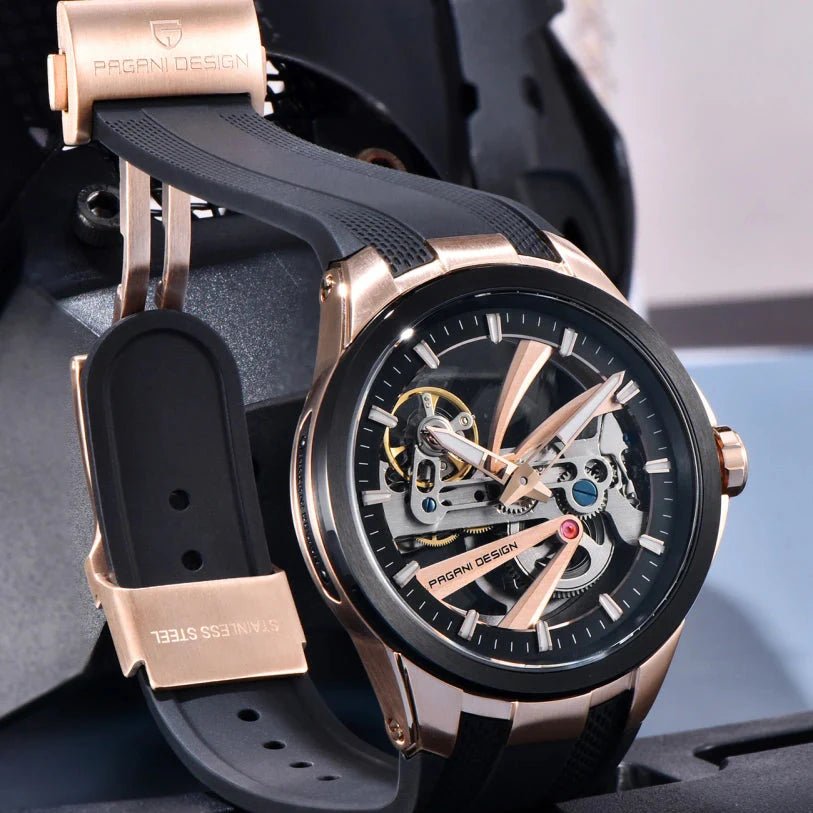 Pagani Design PD-YS030 skeleton automatic watch in rose gold black, lifestyle with folding clasp