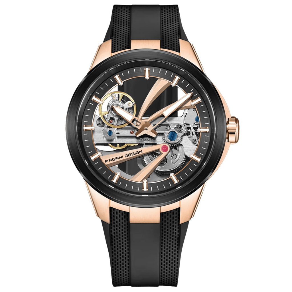 Pagani Design PD-YS030 skeleton automatic watch, rose gold case with black skeleton dial and black rubber strap