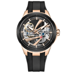Pagani Design PD-YS030 skeleton automatic watch, rose gold case with black skeleton dial and black rubber strap