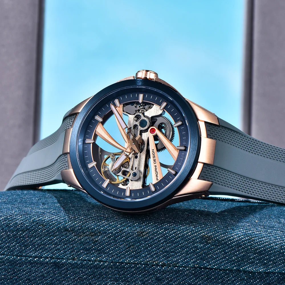 Pagani Design PD-YS030 skeleton automatic watch in rose gold blue, lifestyle outdoor shot