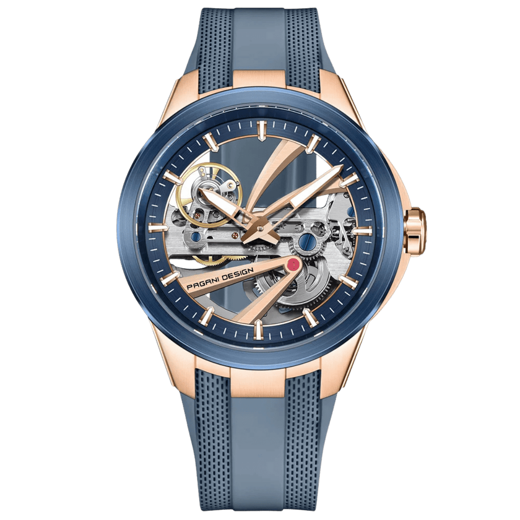 Pagani Design PD-YS030 skeleton automatic watch, rose gold case with blue skeleton dial and grey rubber strap