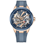Pagani Design PD-YS030 skeleton automatic watch, rose gold case with blue skeleton dial and grey rubber strap