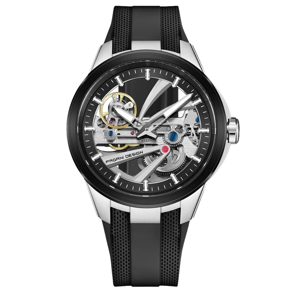 Pagani Design PD-YS030 skeleton automatic watch, silver case with black skeleton dial and black rubber strap