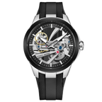 Pagani Design PD-YS030 skeleton automatic watch, silver case with black skeleton dial and black rubber strap