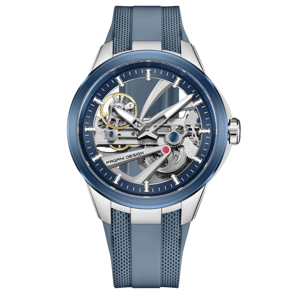 Pagani Design PD-YS030 skeleton automatic watch, silver case with blue skeleton dial and grey rubber strap