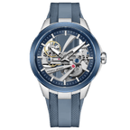 Pagani Design PD-YS030 skeleton automatic watch, silver case with blue skeleton dial and grey rubber strap