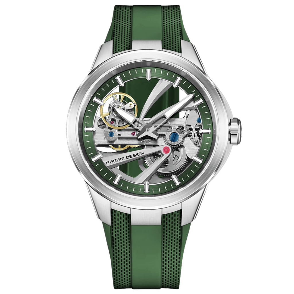 Pagani Design PD-YS030 skeleton automatic watch, silver case with green skeleton dial and green rubber strap