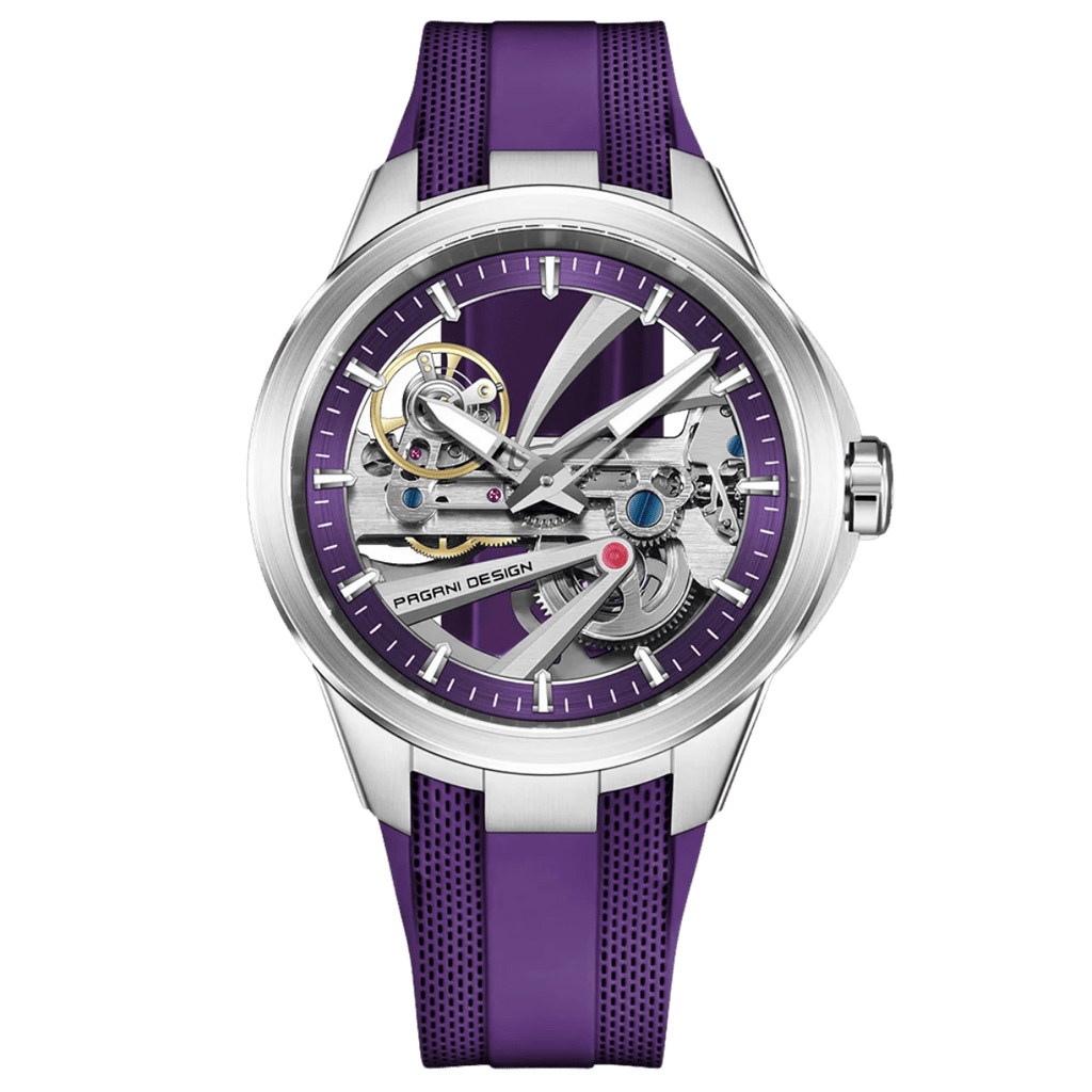 Pagani Design PD-YS030 skeleton automatic watch, silver case with purple skeleton dial and purple rubber strap