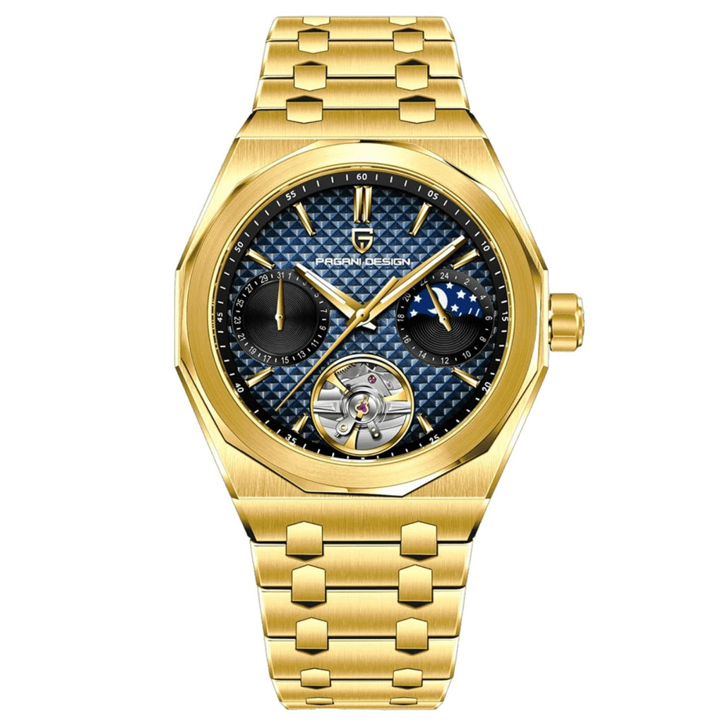 Pagani Design PD-YS036 gold-tone octagonal case, blue grid dial with moon phase and open heart, gold bracelet