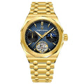 Pagani Design PD-YS036 gold-tone octagonal case, blue grid dial with moon phase and open heart, gold bracelet