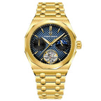 Pagani Design PD-YS036 gold-tone octagonal case, blue grid dial with moon phase and open heart, gold bracelet