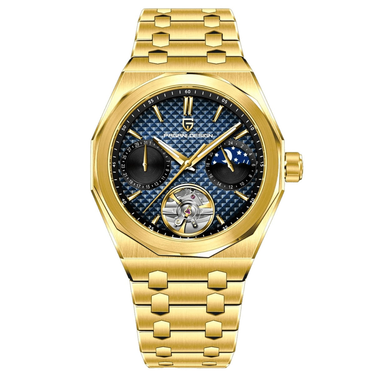 Pagani Design PD-YS036 gold-tone octagonal case, blue grid dial with moon phase and open heart, gold bracelet