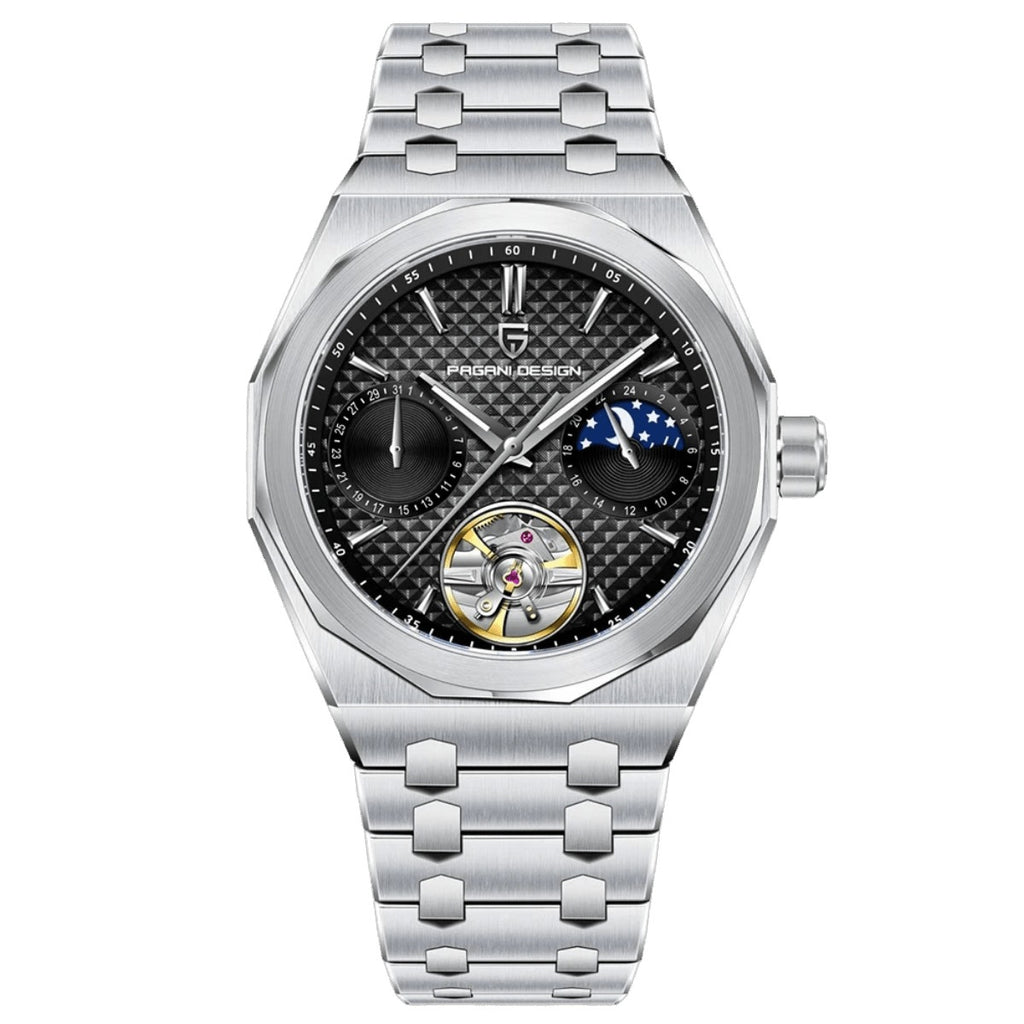 Pagani Design PD-YS036 stainless steel case, black grid dial with moon phase and open heart, steel bracelet