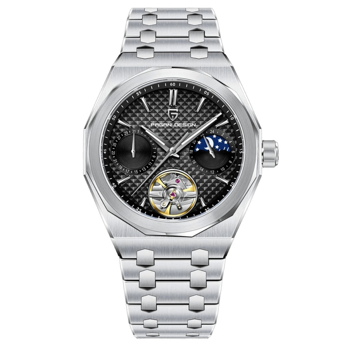 Pagani Design PD-YS036 stainless steel case, black grid dial with moon phase and open heart, steel bracelet