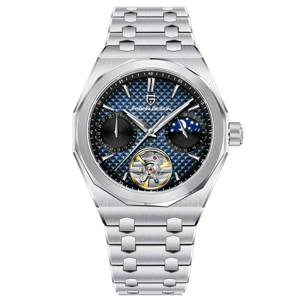 Pagani Design PD-YS036 stainless steel case, blue grid dial with moon phase and open heart, steel bracelet
