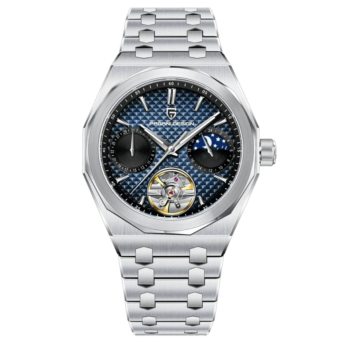 Pagani Design PD-YS036 stainless steel case, blue grid dial with moon phase and open heart, steel bracelet