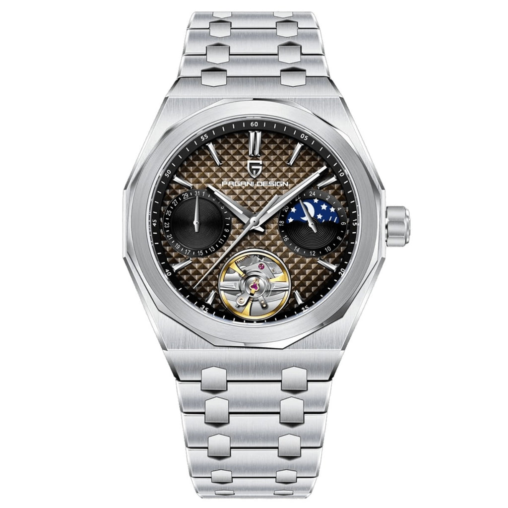 Pagani Design PD-YS036 stainless steel case, brown grid dial with moon phase and open heart, steel bracelet