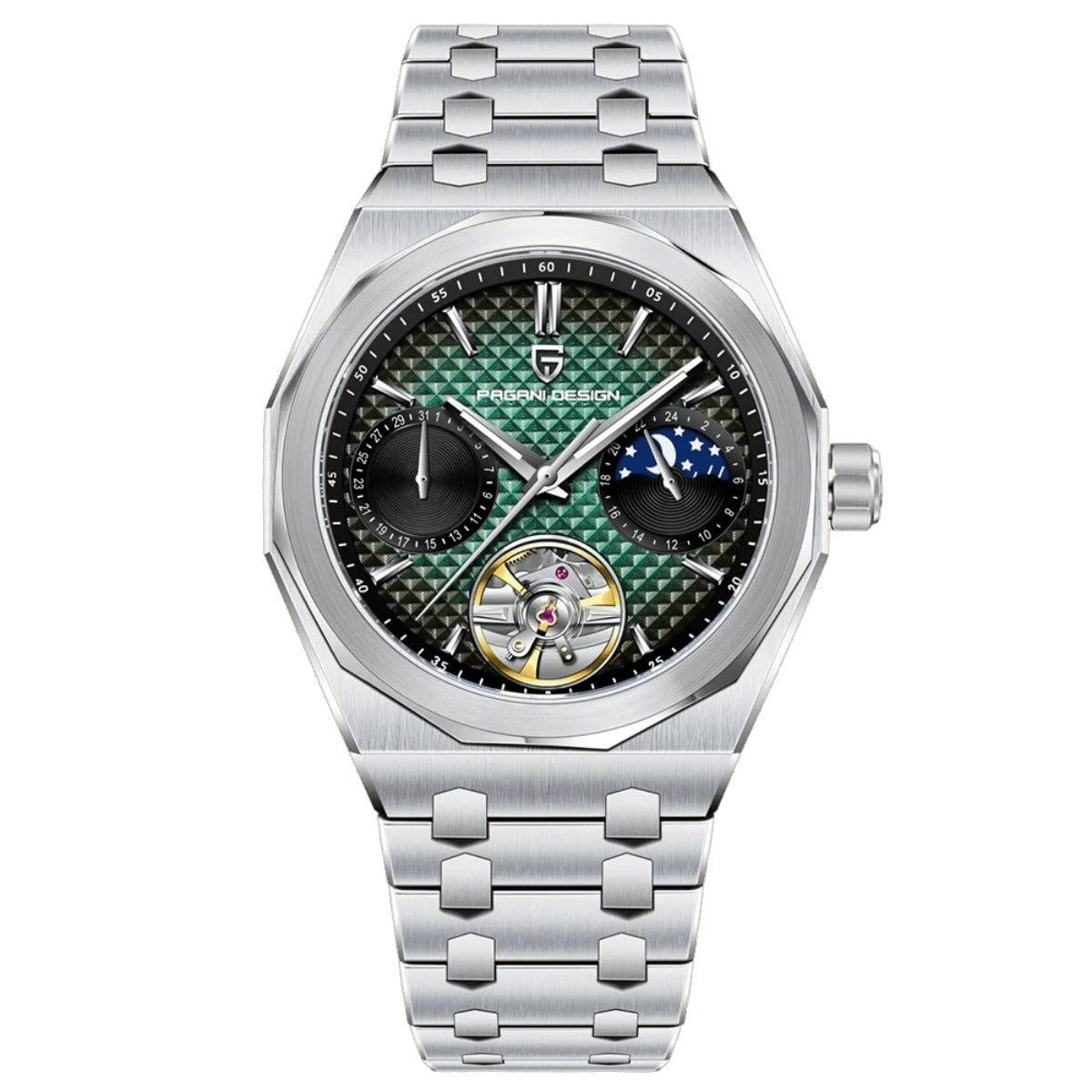 Pagani Design PD-YS036 stainless steel case, green grid dial with moon phase and open heart, steel bracelet