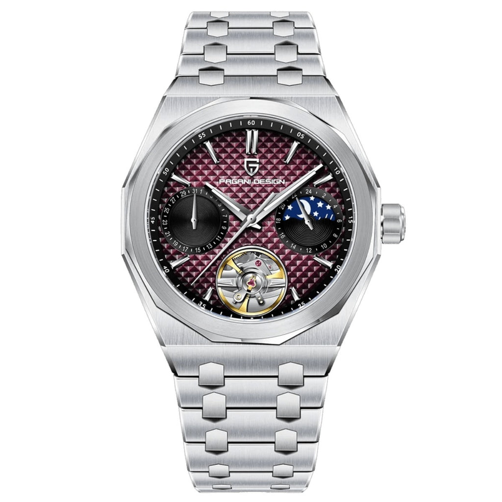Pagani Design PD-YS036 stainless steel case, burgundy red grid dial with moon phase and open heart, steel bracelet